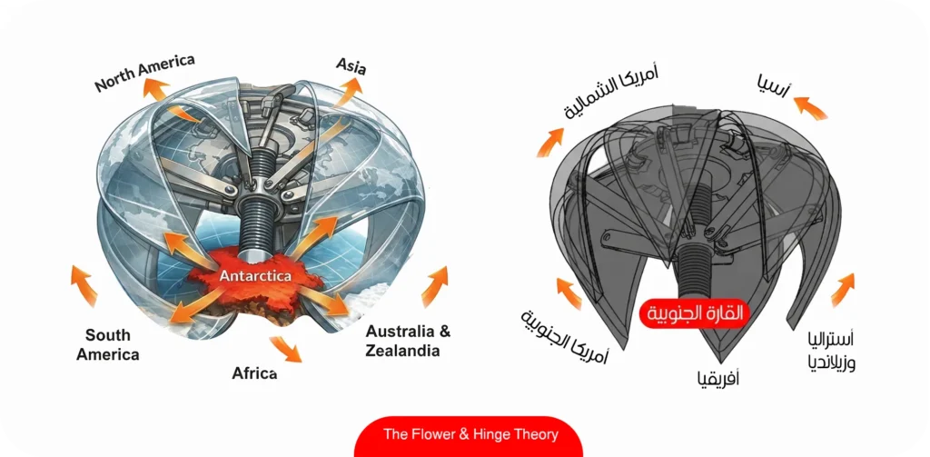 مخطط هندسي رقمي يشرح نظرية الزهرة والمفصلة وانفتاح القارات من القارة القطبية الجنوبية