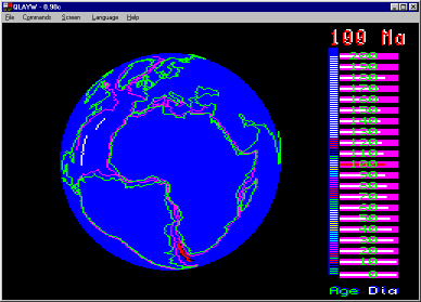 رسم متحرك للكرة الأرضية يوضح توسع قاع المحيط الأطلسي، حيث تظهر خطوط ملونة (وردية وخضراء) تمثل القشرة الجديدة وهي تدفع قارتي أفريقيا وأمريكا الجنوبية للابتعاد عن بعضهما البعض