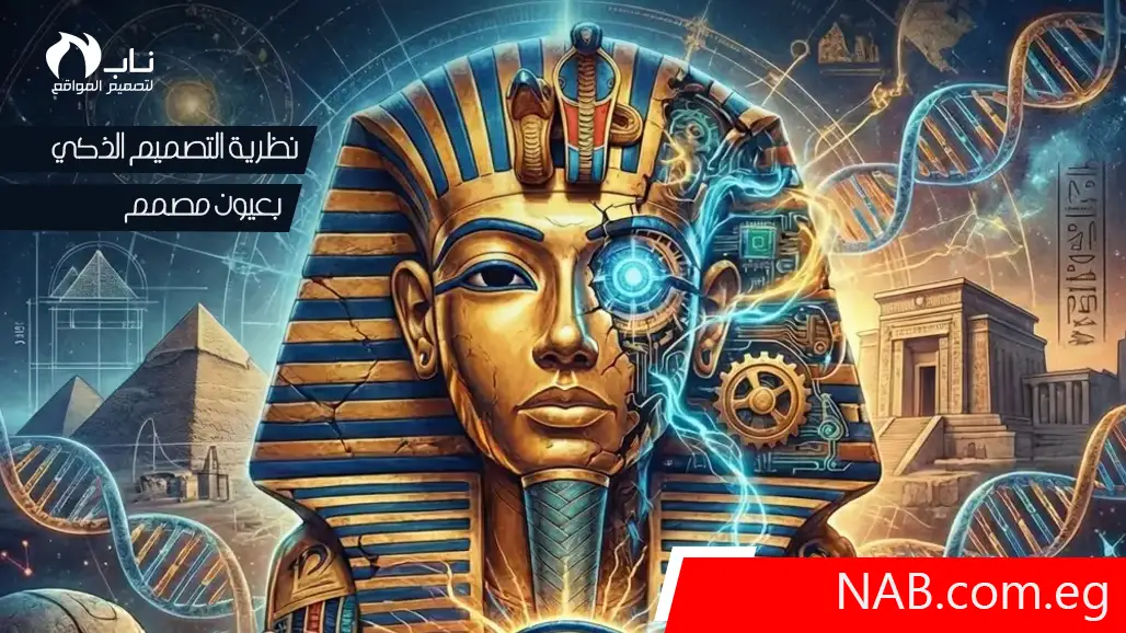 تصميم جرافيكي سريالي يدمج الحضارة المصرية القديمة مع التكنولوجيا والجينات، يظهر قناع فرعوني نصفه ميكانيكي حديث ونصفه تقليدي، تحيط به رؤوس الأولمك العملاقة وأهرامات الجيزة وشريط DNA، معبراً عن نظرية التصميم الذكي وهندسة الروح